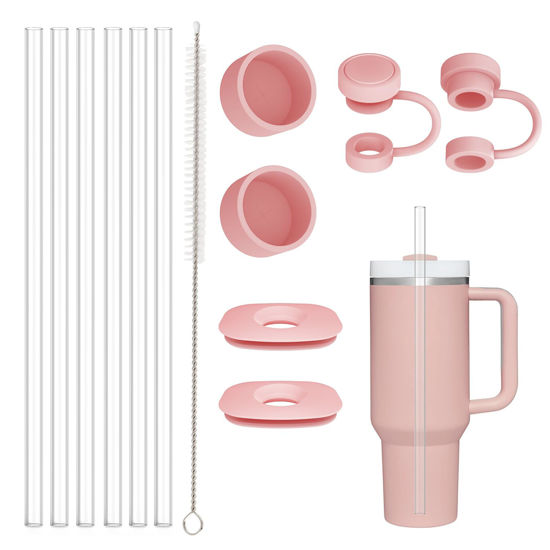 Picture of Replacement Straw Cover Spill Stopper Accessories for Stanley Cup 40 oz 30 oz Quencher, Tumbler Accessories of 6 Clear Straw with Cleaning Brush, 2 Silicone Cover Cap, 4 Leak Sproof Plug for Stanley