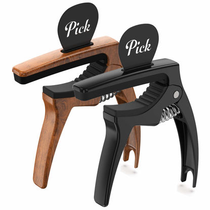 Picture of TANMUS 3in1 Guitar Capo for Acoustic and Electric Guitars,2 Pack(with Pick Holder and 6 Picks),Ukulele,Guitar Accessories (Black&Wood)
