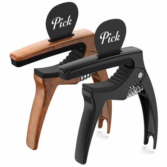 Picture of TANMUS 3in1 Guitar Capo for Acoustic and Electric Guitars,2 Pack(with Pick Holder and 6 Picks),Ukulele,Guitar Accessories (Black&Wood)