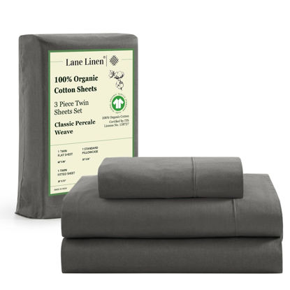 Picture of LANE LINEN 100% Organic Cotton Sheets Set, 3Pc Bed Sheets Twin Size, Classic Percale Weave, Breathable Twin Cotton Sheet Set, 15" Twin Deep Pocket Sheet Sets, Oeko-Tex Sheets - Charcoal