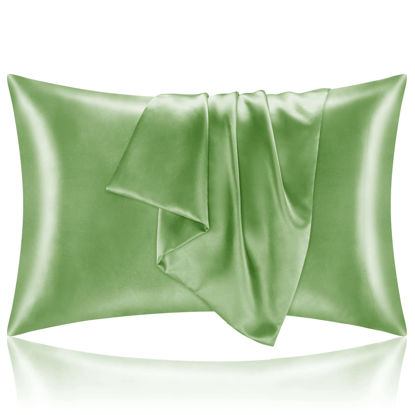 Picture of BEDELITE Satin Pillowcase for Hair and Skin, King Pillow Cases Set of 2 Pack, Super Soft Silky Sage Green Pillow Case with Envelope Closure (20x40 Inches)