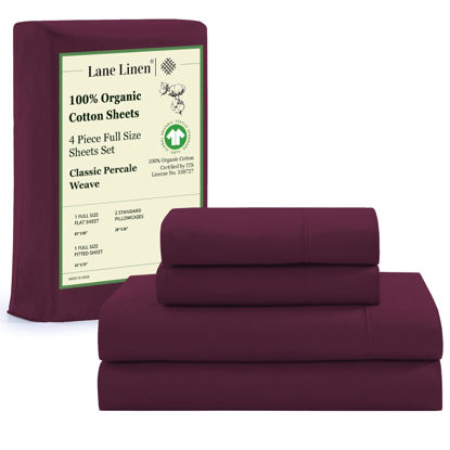 Picture of LANE LINEN 100% Organic Cotton Full Sheets Set, 4-Piece Pure Organic Cotton Percale Sheets, Long Staple Cotton Sheets, Ultra Soft Bedding Sheets, Breathable,Fits Mattress Upto 15" Deep - Windsor Wine