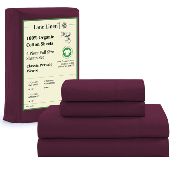 Picture of LANE LINEN 100% Organic Cotton Full Sheets Set, 4-Piece Pure Organic Cotton Percale Sheets, Long Staple Cotton Sheets, Ultra Soft Bedding Sheets, Breathable,Fits Mattress Upto 15" Deep - Windsor Wine