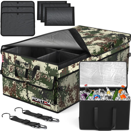 Picture of FORTEM Car Trunk Organizer with Cooler, Car Storage Organizer, Collapsible Multi Compartment Car Organizer, SUV Trunk Organizer, Non Slip Bottom, Adjustable Straps, Foldable Cover (Forest, X-Large)