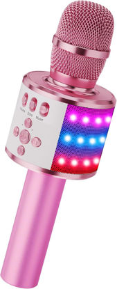 Picture of BONAOK Kids Karaoke Microphone Bluetooth Wireless Mic for Adults Singing Microphones with Speaker Disco Light Echo Sound Portable for Home Party Outdoor Gift Toys Q78(Light Pink)