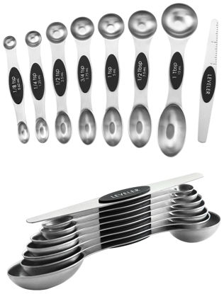 Picture of Spring Chef Stainless Steel Magnetic Measuring Spoons Set of 8 with Leveler, Dual Sided Metal Teaspoon & Tablespoon Measuring Spoons, Nesting Kitchen Gadgets for Baking & Cooking - 2 Pack - Black