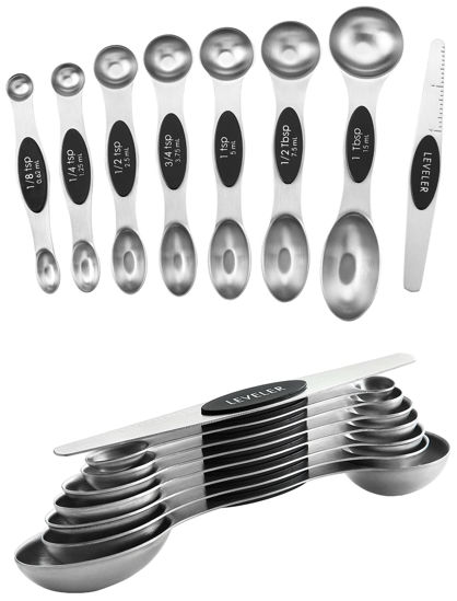Picture of Spring Chef Stainless Steel Magnetic Measuring Spoons Set of 8 with Leveler, Dual Sided Metal Teaspoon & Tablespoon Measuring Spoons, Nesting Kitchen Gadgets for Baking & Cooking - 2 Pack - Black