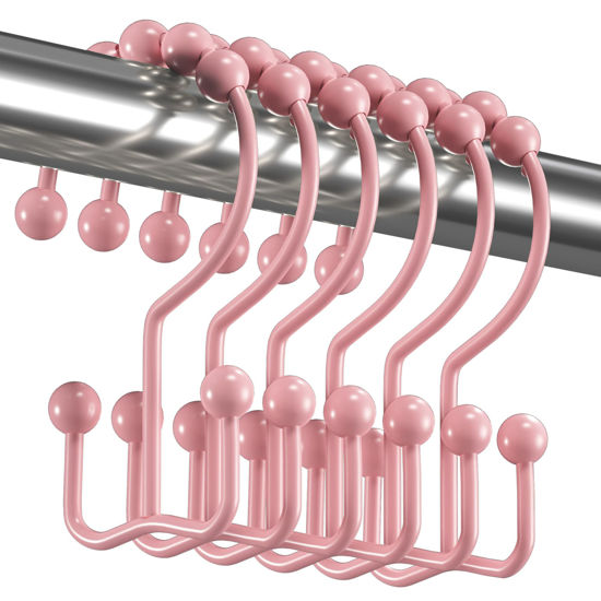 Picture of Titanker Shower Curtain Hooks Rings, Rust-Resistant Metal Double Glide Shower Hooks for Bathroom Shower Rods Curtains, Set of 12 Hooks - Light Pink