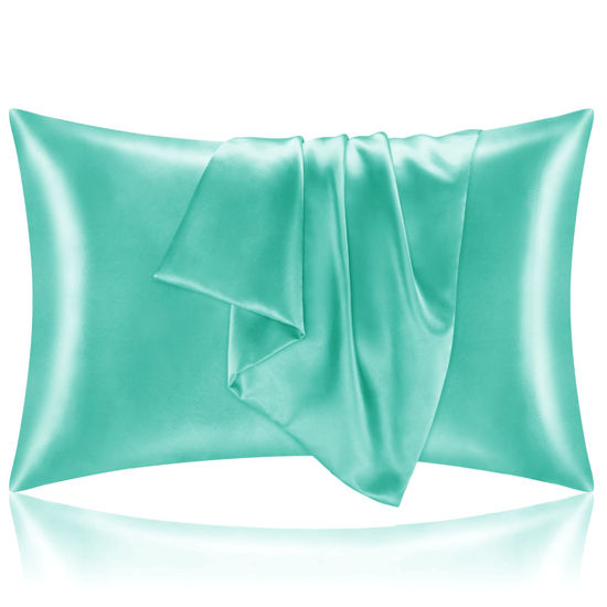 Picture of BEDELITE Satin Pillowcase for Hair and Skin, Super Soft and Cooling Similar to Silk Pillow Cases 2 Pack with Envelope Closure, Gift for Women Men(20"x30" Queen Size, Turquoise)