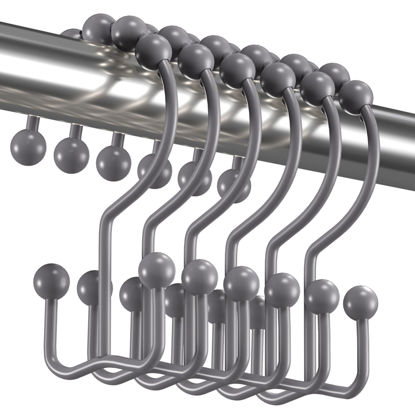 Picture of Titanker Shower Curtain Hooks Rings, Rust-Resistant Metal Double Glide Shower Hooks for Bathroom Shower Rods Curtains, Set of 12 Hooks - Neutral Gray