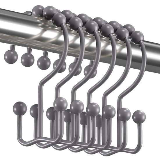 Picture of Titanker Shower Curtain Hooks Rings, Rust-Resistant Metal Double Glide Shower Hooks for Bathroom Shower Rods Curtains, Set of 12 Hooks - Neutral Gray