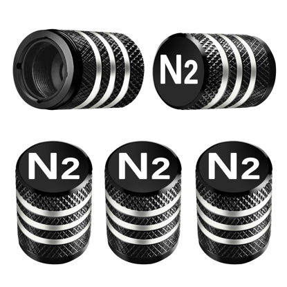 Picture of Tire Valve Stem Caps Cover - (5 Pack) Tire Air Cap N2 Nitrogen Metal with Plastic Liner Corrosion Resistant Leak-Proof for Car Truck Motorcycle Bike Black