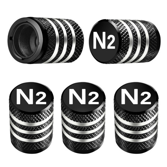 Picture of Tire Valve Stem Caps Cover - (5 Pack) Tire Air Cap N2 Nitrogen Metal with Plastic Liner Corrosion Resistant Leak-Proof for Car Truck Motorcycle Bike Black