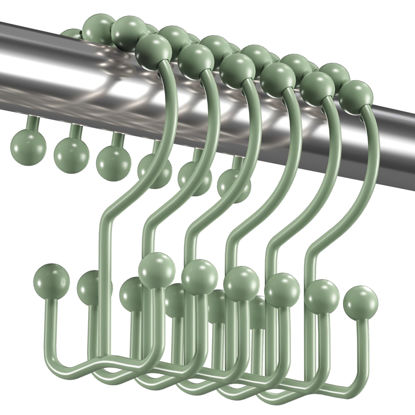 Picture of Titanker Shower Curtain Hooks Rings, Rust-Resistant Metal Double Glide Shower Hooks for Bathroom Shower Rods Curtains, Set of 12 Hooks - Sage Green