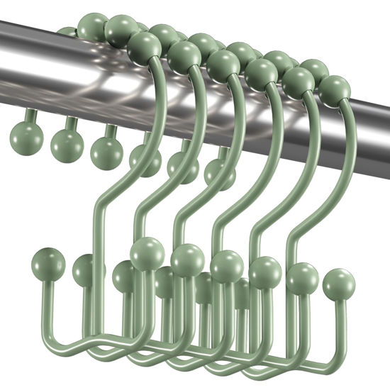 Picture of Titanker Shower Curtain Hooks Rings, Rust-Resistant Metal Double Glide Shower Hooks for Bathroom Shower Rods Curtains, Set of 12 Hooks - Sage Green