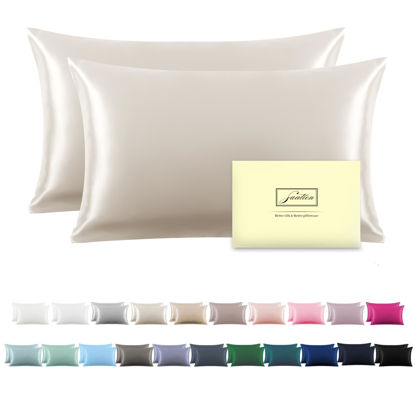 Picture of Silk Pillow Cases 2 Pack Soft Breathable and Sliky King Size Pillow Cases Set of 2,Natural Mulberry Satin Silk Pillowcase with Hidden Zipper for Hair and Skin (Beige,20"X 36",2pcs)