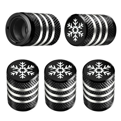 Picture of Tire Valve Stem Cap Cover - (5 Pack) Tire Air Caps Metal with Plastic Liner Corrosion Resistant Leak-Proof Snow Snowflake for Car Motorcycle Bike Black