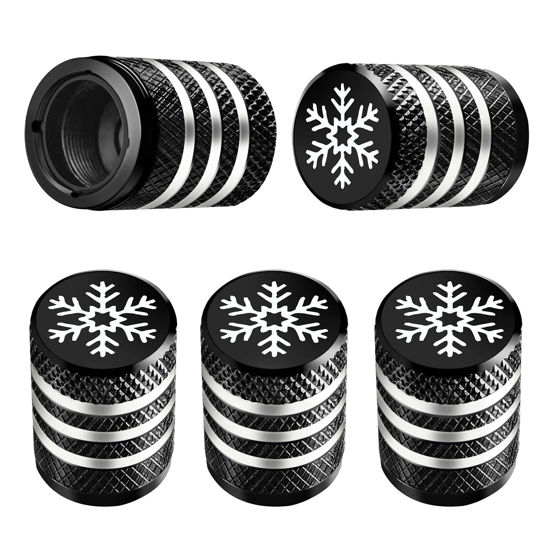 Picture of Tire Valve Stem Cap Cover - (5 Pack) Tire Air Caps Metal with Plastic Liner Corrosion Resistant Leak-Proof Snow Snowflake for Car Motorcycle Bike Black