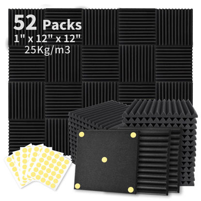 Picture of Focusound 52 Pack Acoustic Foam Panels 1" x 12" x 12" Sound Proof Foam Panles Soundproofing Noise Cancelling Wedge Panels for Home Office Recoding Studio with 300PCS Double-Side Adhesive