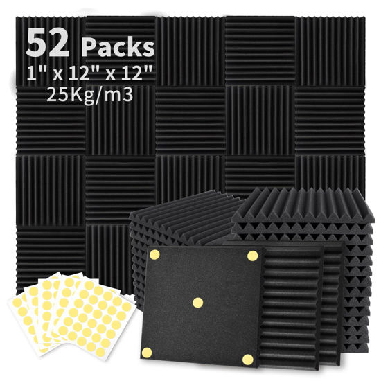 Picture of Focusound 52 Pack Acoustic Foam Panels 1" x 12" x 12" Sound Proof Foam Panles Soundproofing Noise Cancelling Wedge Panels for Home Office Recoding Studio with 300PCS Double-Side Adhesive