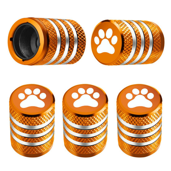 Picture of Tire Valve Stem Caps - (5 Pack) Tire Air Caps Metal with Plastic Liner Corrosion Resistant Leak-Proof Cat/Dog Paw for Car Truck Motorcycle Bike Orange