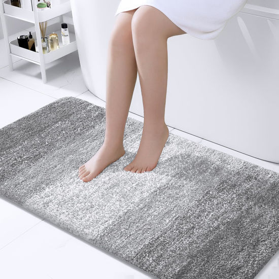 Picture of OLANLY Bathroom Rug Mat 47x24, Extra Soft and Absorbent Microfiber Bath Rug, Non-Slip Plush Shaggy Bath Carpet Runner, Machine Wash Dry, Bath Mat for Bathroom Floor, Tub and Shower, Light Grey