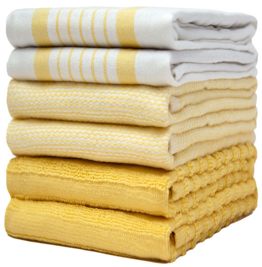 Picture of Premium Kitchen Towels 20”x 28”- 6 Pack| Large Cotton Kitchen Towels | Hand Towels for Kitchen | Flat & Terry Towel | Dish Towels | Highly Absorbent Tea Towels Set with Hanging Loop | Yellow Striped
