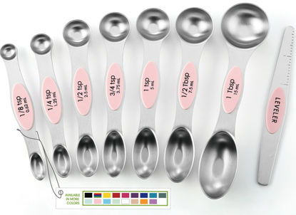 Picture of Spring Chef Stainless Steel Magnetic Measuring Spoons Set of 8 with Leveler, Dual Sided Teaspoon & Tablespoon Measuring Spoons with Strong Magnets, Kitchen Gadgets for Baking & Cooking - Pink Lemonade