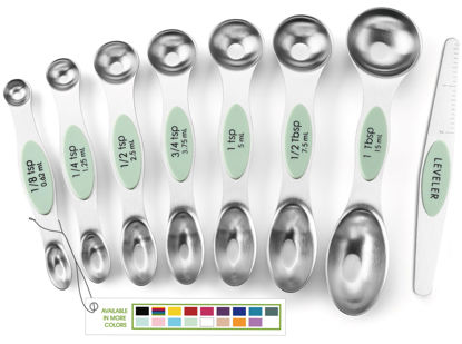 Picture of Spring Chef Stainless Steel Magnetic Measuring Spoons Set of 8 with Leveler, Dual Sided Teaspoon & Tablespoon Set, Nesting Metal Kitchen Gadgets for Baking & Cooking, Fits in Spice Jars - Pistachio