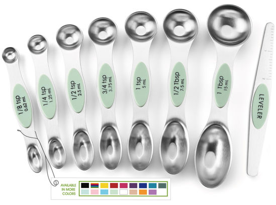 Picture of Spring Chef Stainless Steel Magnetic Measuring Spoons Set of 8 with Leveler, Dual Sided Teaspoon & Tablespoon Set, Nesting Metal Kitchen Gadgets for Baking & Cooking, Fits in Spice Jars - Pistachio