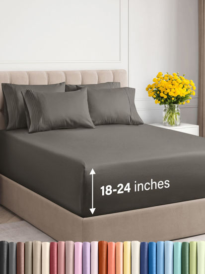 Picture of Extra Deep Cal King Sheet Set - 6 Piece Breathable and Cooling Sheets - Hotel Luxury Bed Sheets Set - Easy Fit - Soft, Wrinkle Free and Comfy Sheets Set - Charcoal Sheet Set with Extra Deep Pockets