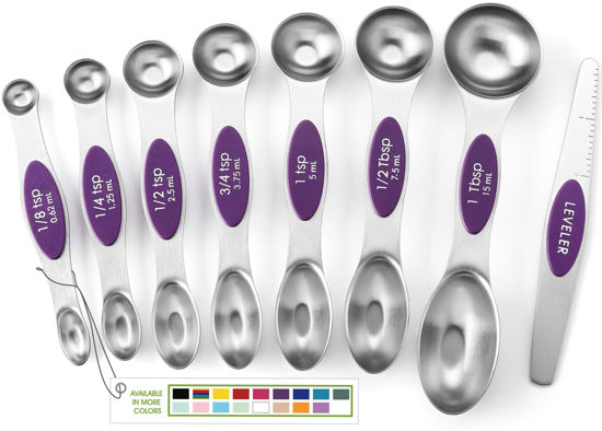 Picture of Spring Chef Purple Stainless Steel Magnetic Measuring Spoons Set of 8 with Leveler, Dual Sided Metal Teaspoon & Tablespoon Measuring Spoons, Kitchen Gadgets for Baking & Cooking, Fits in Spice Jars