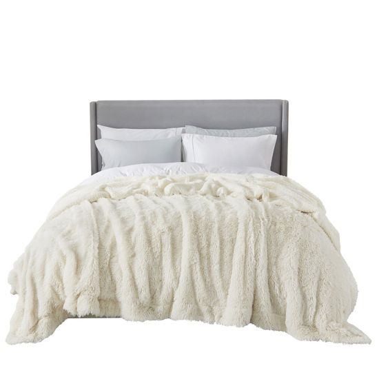 Picture of Bedsure Soft Cream Blankets Queen Size for Bed, Fluffy Fuzzy Blankets for Full Queen Bed, Cozy Plush Sherpa Fleece Faux Fur Blanket for Winter, Thick Warm Blanket Gifts for Women, Men, 90x90