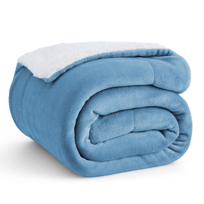 Picture of Bedsure Sherpa Fleece Throw Blanket Twin Size for Couch - Thick and Warm Blanket for Winter, Soft Fuzzy Plush Twin Blanket for All Seasons, Washed Blue, 60x80 Inches