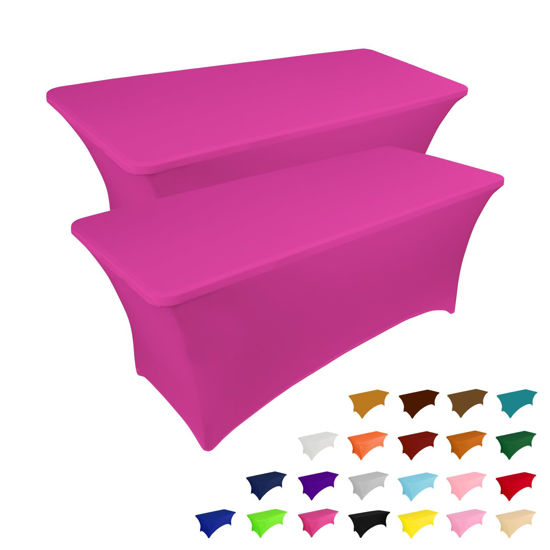 Picture of IVAPUPU 2 Pack 8FT Table Cloth for Rectangular Fitted Events Stretch Fuchsia Table Covers Washable Table Cover Spandex Tablecloth Table Protector for Party, Wedding, Cocktail, Banquet, Festival