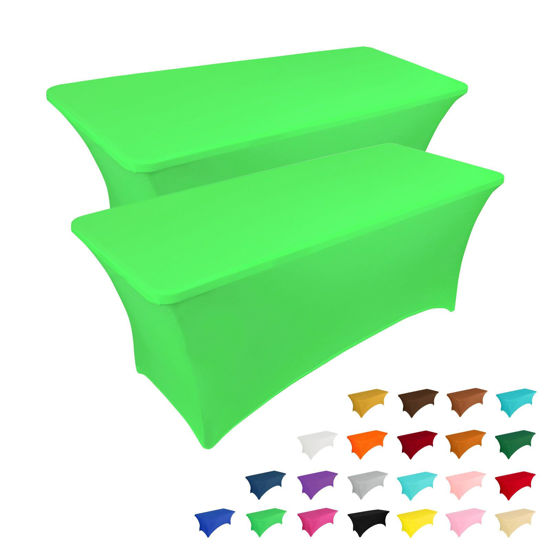 Picture of IVAPUPU 2 Pack 8FT Table Cloth for Rectangular Fitted Events Stretch Green Table Covers Washable Table Cover Spandex Tablecloth Table Protector for Party, Wedding, Cocktail, Banquet, Festival