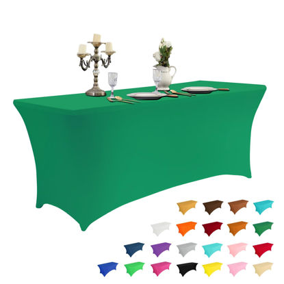 Picture of IVAPUPU 8FT Table Cloth for Rectangular Fitted Events Stretch Emerald Green Table Covers Washable Table Cover Spandex Tablecloth Table Protector for Party, Wedding, Cocktail, Banquet, Festival