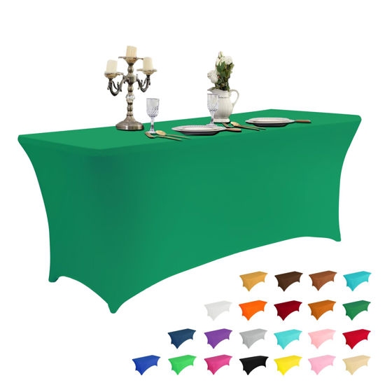 Picture of IVAPUPU 8FT Table Cloth for Rectangular Fitted Events Stretch Emerald Green Table Covers Washable Table Cover Spandex Tablecloth Table Protector for Party, Wedding, Cocktail, Banquet, Festival