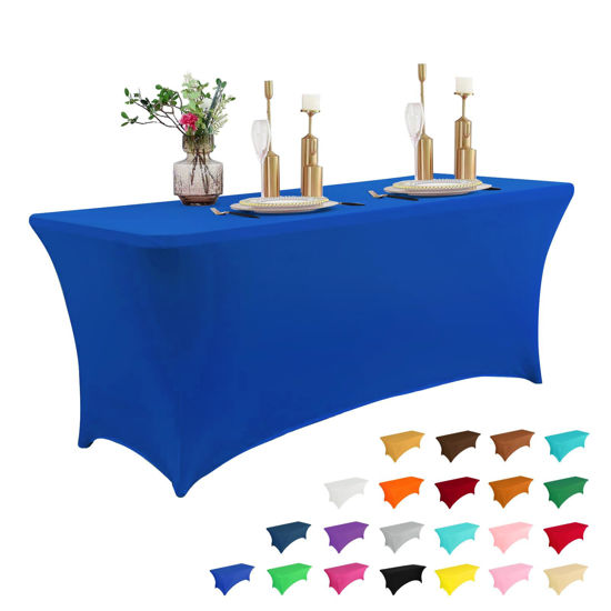 Picture of IVAPUPU 6FT Table Cloth for Rectangular Fitted Events Stretch Royal Blue Table Covers Washable Table Cover Spandex Tablecloth Table Protector for Party, Wedding, Cocktail, Banquet, Festival