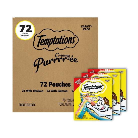 Picture of Temptations Creamy Puree with Chicken, Salmon, and Tuna Squeezable Lickable Wet Cat Treat Variety Pack, 0.42 oz. Tubes, 3 Packs of 24 (72 Total)