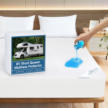 Picture of RV Short Queen Terry Mattress Protector Waterproof for 75''×60'' up to14'' Depth, Ultra Soft & Breathable Smooth Top Fitted Mattress Cover Skin-Friendly Machine Washable Mattress Protector