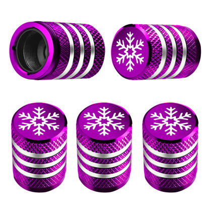 Picture of Tire Valve Stem Cap Cover - (5 Pack) Tire Air Caps Metal with Plastic Liner Corrosion Resistant Leak-Proof Snow Snowflake for Car Motorcycle Bike Purple