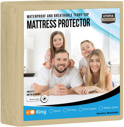 Picture of Utopia Bedding Waterproof Mattress Protector King Size, Premium Terry Mattress Cover 200 GSM, Breathable, Fitted Style with Stretchable Pockets (Beige)