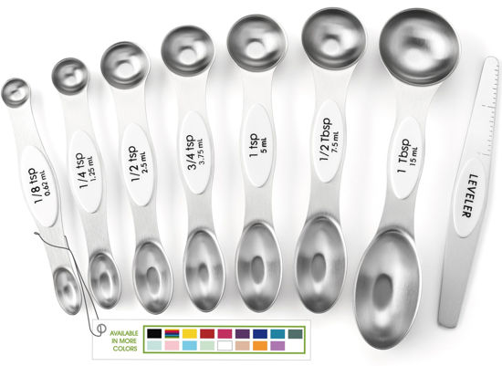 Picture of Spring Chef White Stainless Steel Magnetic Measuring Spoons Set of 8 with Leveler, Dual Sided Metal Teaspoon & Tablespoon Measuring Spoons, Fits in Spice Jars, Kitchen Gadgets for Baking & Cooking
