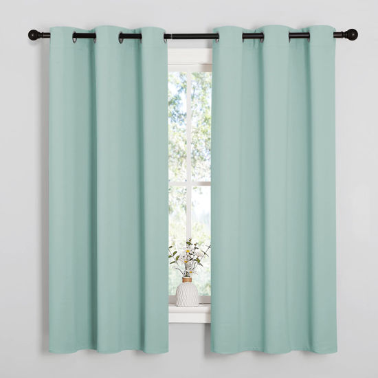 Picture of NICETOWN Aqua Blue Room Darkening Curtains for Kitchen, Window Treatment Thermal Insulated Solid Grommet Curtains/Drapes Bedroom (Set of 2, 42 inches Wide by 63 Long)