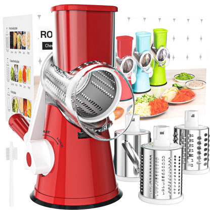 Picture of Cambom Rotary Cheese Grater Hand Crank Cheese Shredder for Fresh Cheese, Vegetable, Nuts,Non-slip Suction Base, Free Cleaning Brush Three Blades, Red