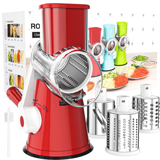 Picture of Cambom Rotary Cheese Grater Hand Crank Cheese Shredder for Fresh Cheese, Vegetable, Nuts,Non-slip Suction Base, Free Cleaning Brush Three Blades, Red