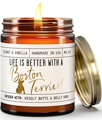 Picture of Boston Terrier Gifts for Women - 'Life is Better with a Boston Terrier' Candle, w/Vanilla, Coconut & Citrus - infused w/Essential Oils I Boston Terrier Decor I 50Hr Burn, USA Made