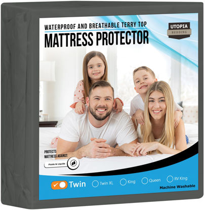 Picture of Utopia Bedding Waterproof Mattress Protector Twin Size, Premium Terry Mattress Cover 200 GSM, Breathable, Fitted Style with Stretchable Pockets (Gray)