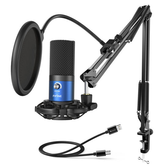 Picture of FIFINE USB Recording PC Microphone Kit, Computer Condenser Cardioid Mic on Mac Windows PS4/PS5, for Streaming, Podcasting, Gaming, Video, Home Use, with Gain Knob, Arm Stand-T669 Blue